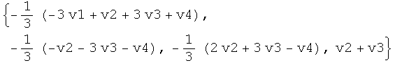 {-1/3 (-3 v1 + v2 + 3 v3 + v4), -1/3 (-v2 - 3 v3 - v4), -1/3 (2 v2 + 3 v3 - v4), v2 + v3}