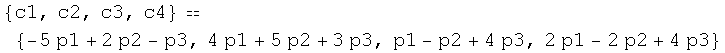 {c1, c2, c3, c4}  {-5 p1 + 2 p2 - p3, 4 p1 + 5 p2 + 3 p3, p1 - p2 + 4 p3, 2 p1 - 2 p2 + 4 p3}