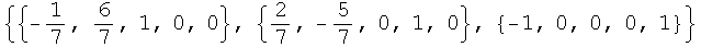 {{-1/7, 6/7, 1, 0, 0}, {2/7, -5/7, 0, 1, 0}, {-1, 0, 0, 0, 1}}