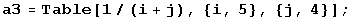 a3 = Table[1/(i + j), {i, 5}, {j, 4}] ;