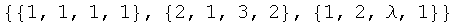 {{1, 1, 1, 1}, {2, 1, 3, 2}, {1, 2, λ, 1}}
